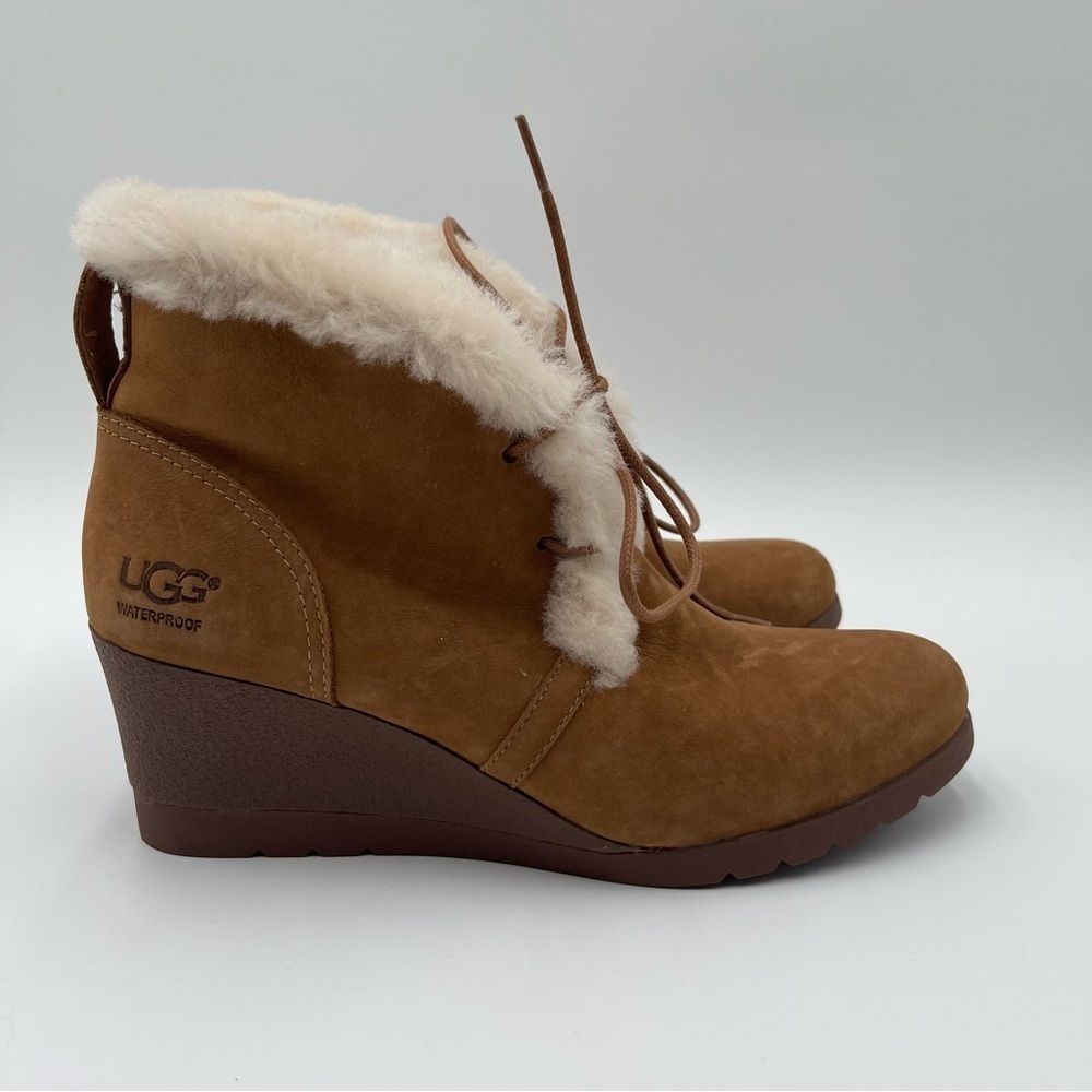 UGG Australia Jeovana Boots Chestnut Suede Waterproof  Wedge Lace Up size 9 - Picture 5 of 16